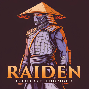 Concept art for Raiden, the God of Thunder from Mortal Kombat. Futuristic redesign with grid-patterned armor and traditional elements. Dark background, logo RAIDEN GOD OF THUNDER