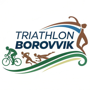 Bold logo design for Triathlon Borovvik event. The logo features dynamic text 'Triathlon Borovvik' in a sleek, modern font with vibrant green, blue, and brown hues.