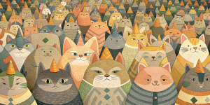 miles de gatos, gordos, en todas partes, con prendas de humanos y de todos los colores 