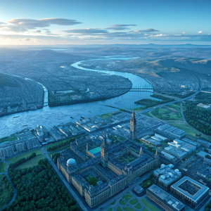 3D digital rendering of Glasgow, Scotland from an aerial perspective. The cityscape is depicted in various shades of blue, showcasing topographical features and geographical details.