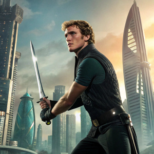 Promotional image for 'The Hunger Games: Catching Fire'. Sam Claflin as Finnick Odair, posing with sword in front of a futuristic cityscape.