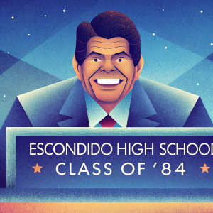 Cartoon portrait of Ronald Reagan. Humorous caption about Escondido High School Class of '84 reunion.