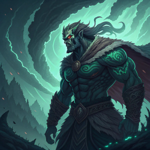 Highly detailed pixel art of a hero from DOTA 2, fierce expression, muscular build, set against a backdrop of swirling, shadowy green hues.