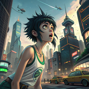 Noodle from Gorillaz, with short, spiky black hair and a tank top featuring green accents, posing with a surprised expression in a futuristic cityscape