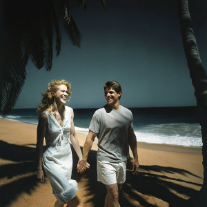 Nicole Kidman and Tom Cruise walking hand in hand on a sunny beach, both smiling.