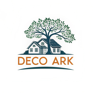 Vector logo design for Deco Ark, a design consultancy firm. Composition features a sleek house and a flourishing tree, intertwined seamlessly. Bold brand name "Deco Ark" in a modern sans-serif font, set beneath the illustration, colored in vibrant orange against a crisp, clean background.