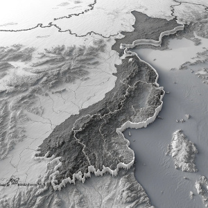 A detailed 3D rendering of North Korea in grayscale. Realistic digital image showcasing topography and geographical features.