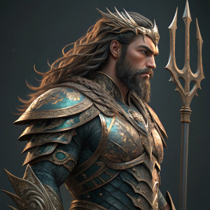3D render of Jason Momoa as Aquaman. Heroic stance with ornate armor details. Dark, neutral background