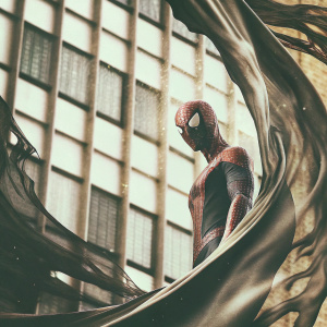 Detailed 3D rendering of Spider-Man's symbiote transformation. Abstract, grid-like dark background. Intricate, organic design