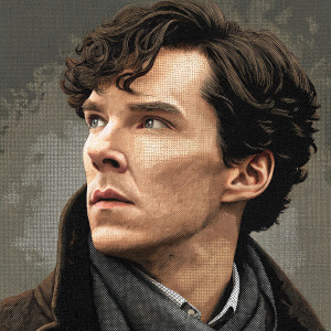 A digital portrait of Benedict Cumberbatch as Sherlock Holmes. Close-up view, pixel art style. Dark hair, neutral expression, grid-like pattern in shades of brown and gray.