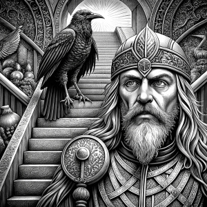 viking and raven in walhalla stairs runen symbols pattern - perfect realistic art, high-definition, high-definition grey and black, white background 