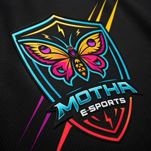 Mothra E-sports logo. Vibrant neon colors on a black backdrop. Dynamic gaming graphics