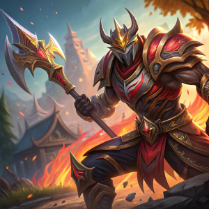 Digital art of Infernal Nasus from League of Legends, featuring dynamic poses and angles. Depicted as a powerful, armored warrior with weapons, against a vibrant game-inspired background.
