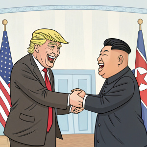 A humorous cartoon depicting a friendly handshake between Donald Trump and the leader of North Korea.