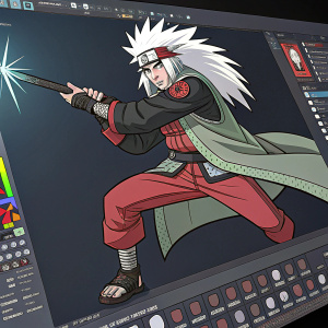 Jiraiya, Naruto character, wielding a weapon in a dynamic pose. Interface filled with intricate digital tools and buttons. Bright, contrasting dark background highlights character and interface elements.