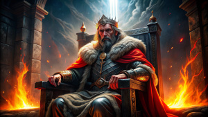 king Theoden, seated on a rustic throne with fur upholstery, holds the small Red Arrow of Gondor
