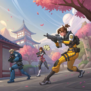 Digital painting showcasing characters from Overwatch. Varying poses and actions, set against a vivid, colorful background