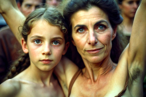 extremely real and naturalistic candid photo of, medieval french mother and daughter, presenting their extremely detailed natural bare armpits, extreme camera focus on their armpits, natural eyes, detailed skin, detailed faces, at market, all skin is extremely focused, intricate details, satisfied facial expression, natural lighting, 8k, reality