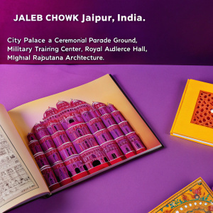 Page spread featuring Jaleb Chowk, Jaipur - A historical and cultural landmark in India. Photo showcases intricate facade of City Palace. Detailed architectural sketches illustrate key features. Text describes site's rich history as ceremonial parade ground, military training center, and royal audience hall. Highlights significance in Mughal and Rajputana architecture.