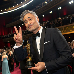 Taika Waititi at the Academy Awards. Holding an Oscar, flashing peace sign. Crowded auditorium in the background