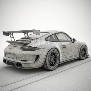 A high-tech digital wireframe of Porsche 911 GT3 RS 997.2 in a minimalistic grey studio setting. Emphasizing its sleek, sporty design with rear wing and aggressive front end.