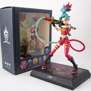 A detailed image of the Firecracker Jinx action figure from the League of Legends series, packaged in a sleek retail box.