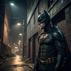 Robert Pattinson, dressed as Batman, intense expression. Dark alley background, Gotham city