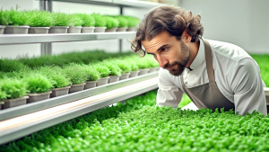 a guy meticulously growing microgreens