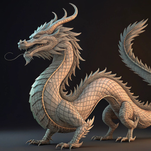 A digital illustration of a Chinese dragon. 3D style with intricate grid-like patterns. Dark background. Detailed tail flowing gracefully.