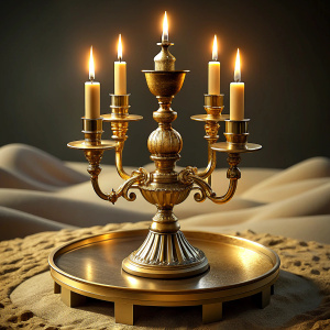 Orthodox church patterned candelabra with sand on a stand, in the center there is a candlestick with a candle