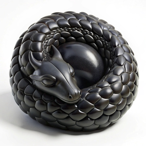 black. dragon curled up in a ball. White backgroung