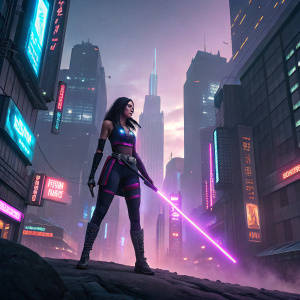 Psylocke, in a futuristic setting, wielding her energy blades. Rendered in a cyberpunk cityscape.