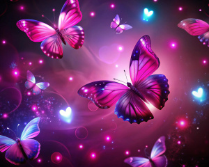 Neon  Schmetterlinge 
Und kleine neon herzen in pink um hintergrund natur mit glow 