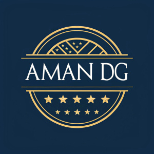Modern logo design for Aman DG. Dark blue background with gold accents.