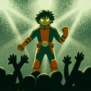 Determined Izuku Midoriya from My Hero Academia. Wearing his hero costume, standing in front of a crowd of fans at a comic-con. Bright stage lights.