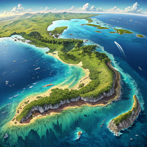 Interactive 3D map of Cuba and its surrounding islands. The map features vibrant colors with the ocean in deep blue and the landmasses in lush green. Detailed lines delineate north and south. Rendered on a digital platform.