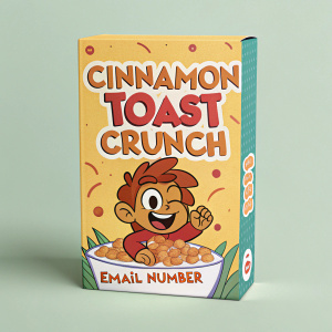 Cinnamon Toast Crunch cereal box featuring a cartoon character with smiling face, along with contact details including email and phone number.