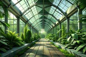 inside of a greenhouse filled with plants. 