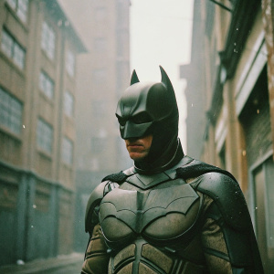 Dark, moody photograph of Christian Bale as Batman from 'The Dark Knight'. Richly detailed Batsuit, Gotham cityscape visible in background