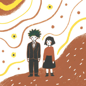 Digital art of two My Hero Academia characters. Boy with spiky green hair in a dark suit, girl with short dark hair in a red top and black skirt. Abstract cosmic background