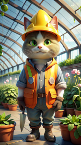 cute cat works in a polycarbonate greenhouse. In a construction jacket