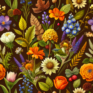 DARK BROWN  background, watercolor image with dark brown   background , wrapping paper ,iris,poppy ,aster,ixora,jasmine ,anemone ,hollyhock ,orchid ,carnation,snapdragon,celosla,gladiolus,vinca,clematis ,leek ,rosemary.carnation ,brown  lupine  , salvia   , red petunia  ,orange PHLOX , brown ALLIUM, iris ,grapes   , sephia achillea   ,astrantia ,rosemary ,  achillea, physalis