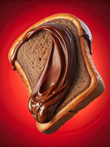 Nutella breakfast with toaster bread with chocolate spread wave on it for advertisement chocolate splash red background