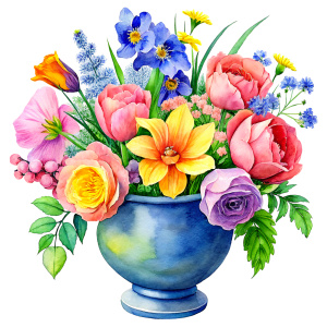  
Watercolor image ,pink iris , pink daffodil ,pale MARIGOLD, pink SALVIA ,rose pink aster ,pink canna ,ORANGE RANUNCULUS yellow calla ,yellow celosla , PINK patunias , vinca,PINK jasmine ,leek ,yellow hyacinth , a cobalt blue huge french traditional decorated WITH FLOWERs Vase with green blue ornaments ,on a white wall, watercolor
