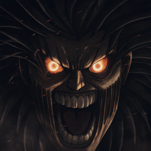 Character from the anime series Bleach. Intense, angry expression with fiery red and yellow accents around the eyes and a large, sharp mouth.