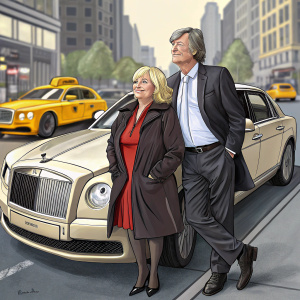 Richard Madeley, man with gray hair, and Judy Finnigan, woman with blonde hair, standing beside a luxury sedan. A bustling street with yellow taxis in the background.