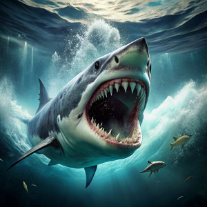 Boca gigante de megalodon que ocupe toda la imagen, TODA LA IMAGEN. mostrando sus dientes afilados punteagudos y dentro de esta una presa intentando escapar. Todo en un lugar oscuro del oceano, muy alejado de la superficie.