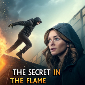 Movie poster for 'The Secret in the Flame'. Charles Hutchison, stunt performer, alongside a mysterious woman. Dynamic action scene background