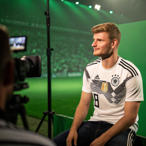 Timo Werner, wearing jersey of German national soccer team, posing for interview. Green field background, stadium filled with fans