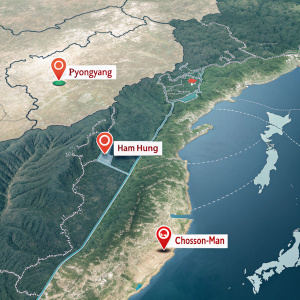 Interactive digital map highlighting key cities of North Korea including Pyongyang, Hamhung, and Chosŏn-man